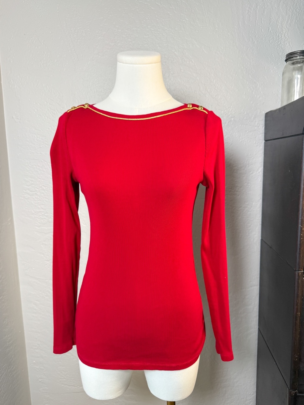 Lauren Ralph Lauren Red Ribbed Gold Trim Button Shoulder Top Size S